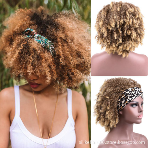 14inches Black Brown Fluffy Short Wrap Hair Headband Wig Afro Kinky Curly Wigs For Women African Synthetic Cosplay Wigs